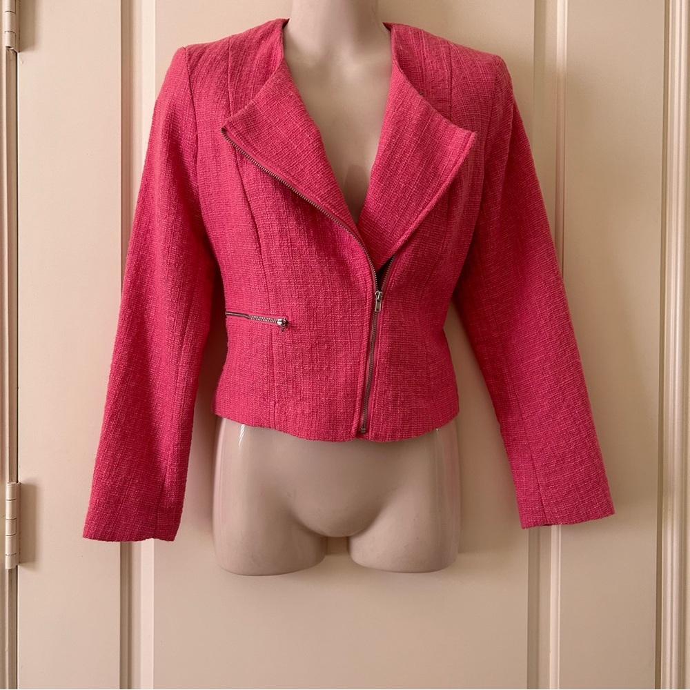 H&M Hot Pink Boucle Moto Style Jacket, Silver Hardware, Size 6